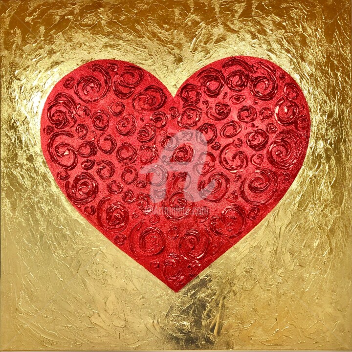 Painting titled "Red Heart on gold -…" by Nataliia Krykun, Original Artwork, Acrylic Mounted on Wood Stretcher frame