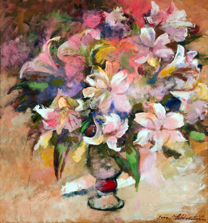 Malerei mit dem Titel "Bouquet of lilies" von Nataliy Korobova, Original-Kunstwerk, Acryl
