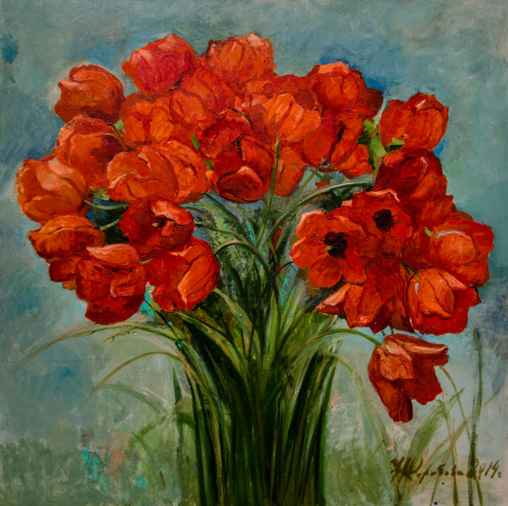 Painting titled "Tulips. Wind..." by Nataliy Korobova, Original Artwork, Oil