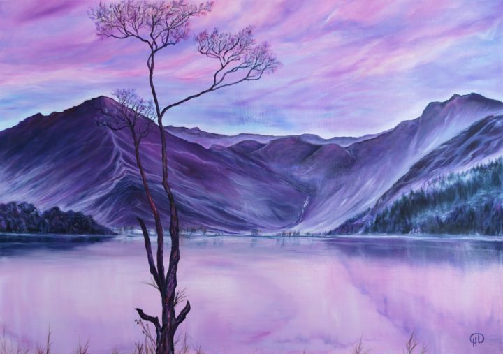 Painting titled "LILAC MOUNTAINS" by Natalie Demina, Original Artwork, Oil Mounted on Wood Stretcher frame