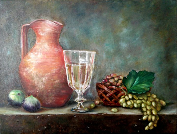 Painting titled "STILL LIFE WITH FIGS" by Natalie Demina, Original Artwork, Oil Mounted on Wood Stretcher frame