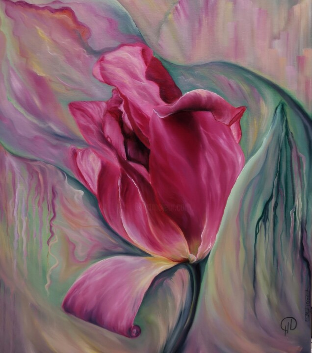 Painting titled "Rainbow Tulip" by Natalie Demina, Original Artwork, Oil Mounted on Wood Stretcher frame
