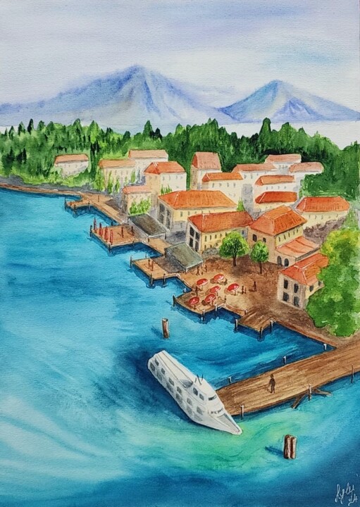 Schilderij getiteld "Marine town" door Nataliya Gulina, Origineel Kunstwerk, Aquarel