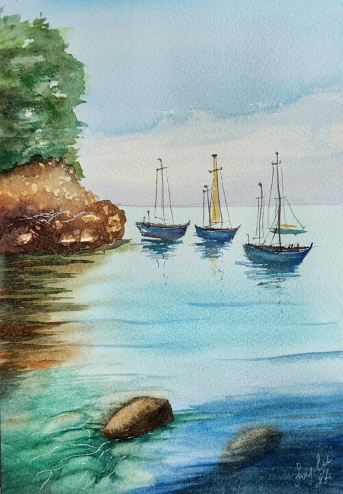 Schilderij getiteld "Bay" door Nataliya Gulina, Origineel Kunstwerk, Aquarel