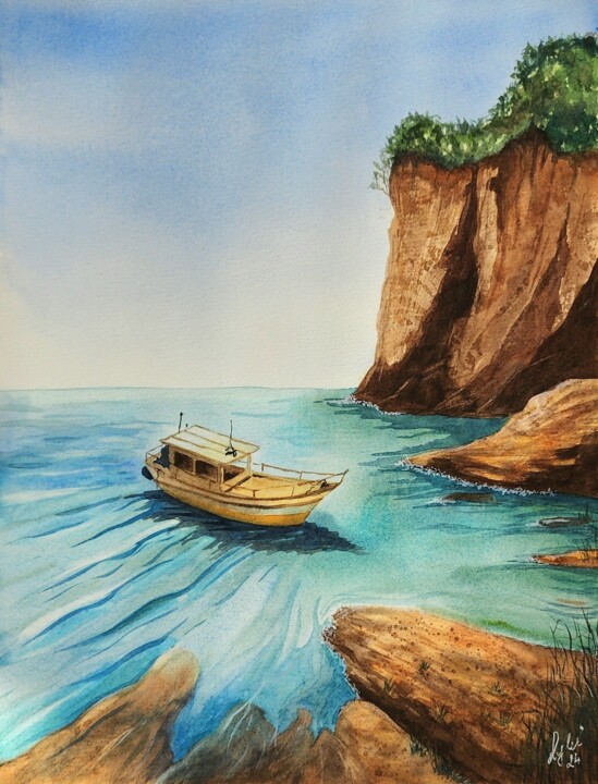 Painting titled "Boat in the bay" by Nataliya Gulina, Original Artwork, Watercolor
