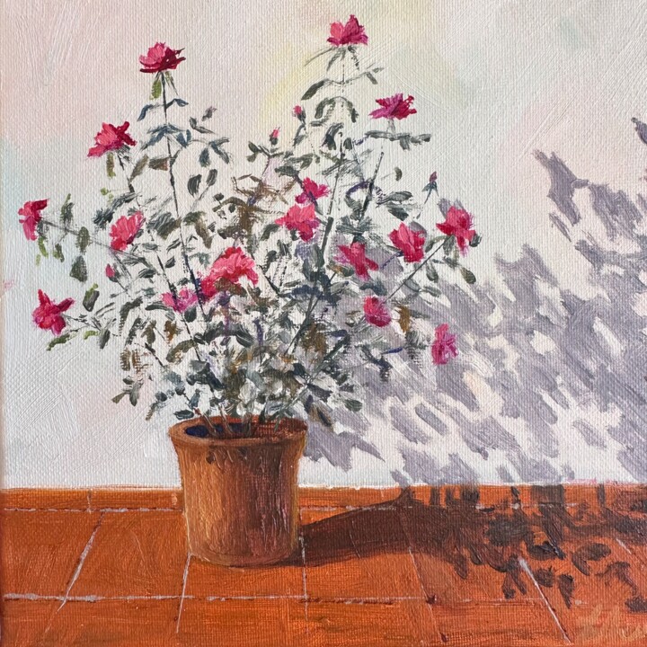 Painting titled "Roses" by Nataliya Lemesheva, Original Artwork, Oil Mounted on Wood Stretcher frame