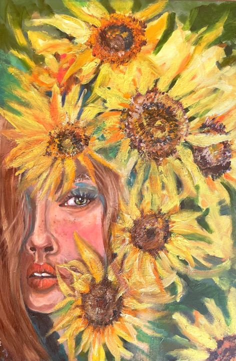 Pittura intitolato "Young girl with sun…" da Natalja Dibanina, Opera d'arte originale, Olio