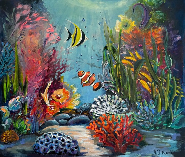 Painting titled "Coral Reef" by Natalja Dibanina, Original Artwork, Acrylic Mounted on Wood Stretcher frame