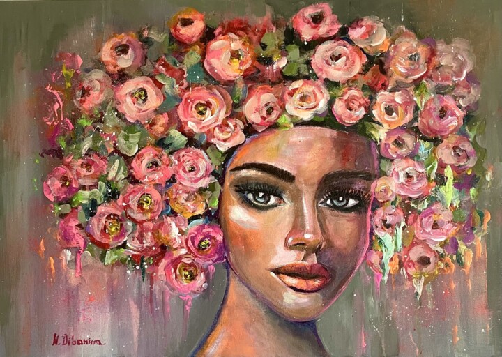 Pintura titulada "Surrounded by roses." por Natalja Dibanina, Obra de arte original, Acrílico Montado en Bastidor de camilla…