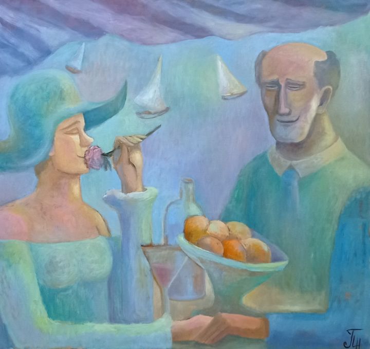 Ζωγραφική με τίτλο "В кафе у моря" από Natalie Paukova, Αυθεντικά έργα τέχνης, Λάδι