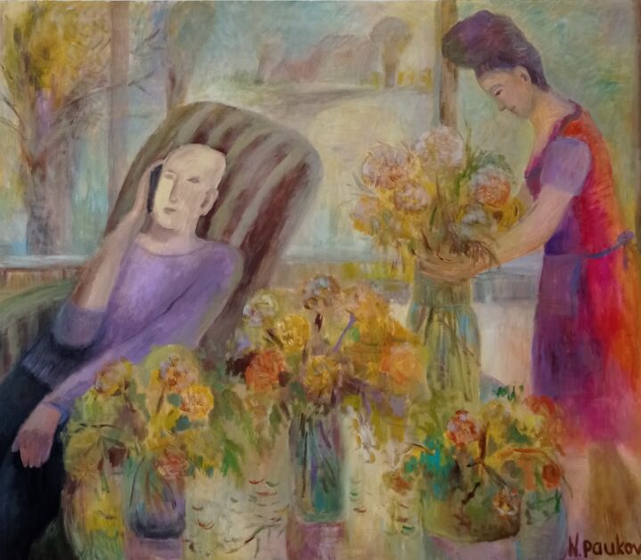 Pintura intitulada ""Зимние цветы"" por Natalie Paukova, Obras de arte originais, Óleo