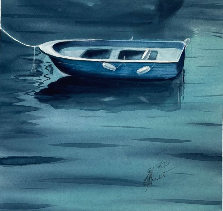 Painting titled "Blue Boat" by Natalya Fil, Original Artwork, Watercolor