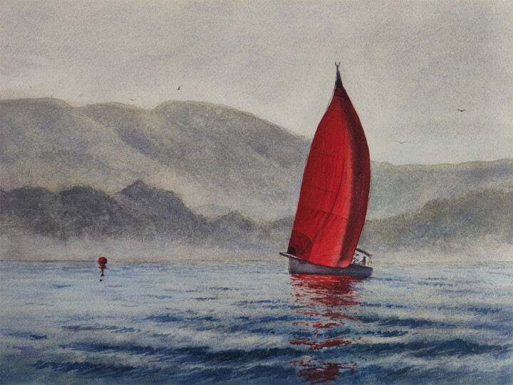 Painting titled "Red buoy" by Natalia Nesterova, Original Artwork, Watercolor