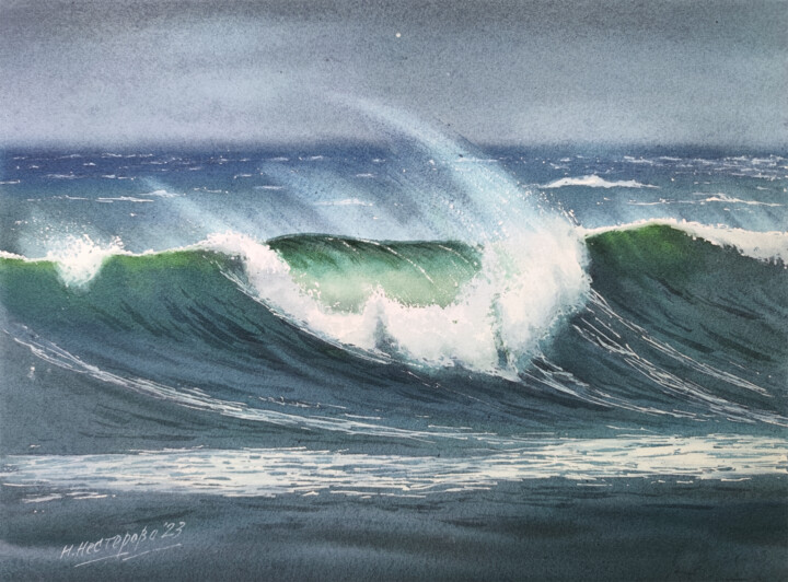 Pintura intitulada "Green storm" por Natalia Nesterova, Obras de arte originais, Aquarela