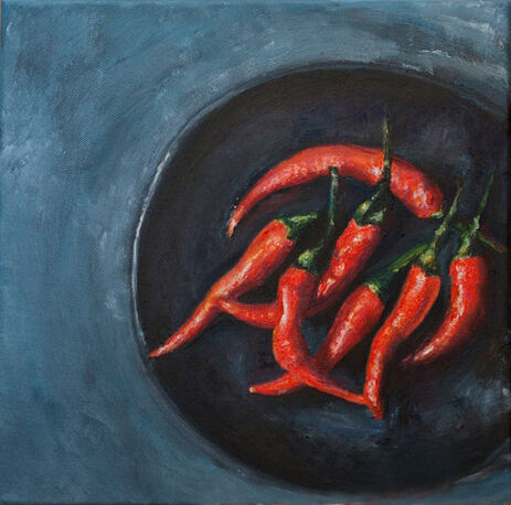 Peinture intitulée "Hot Peppers" par Natalya Shulga, Œuvre d'art originale, Huile Monté sur Châssis en bois