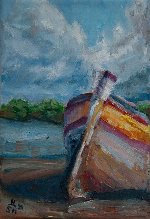 Painting titled "Fisherman's boat" by Natalya Shulga, Original Artwork, Oil