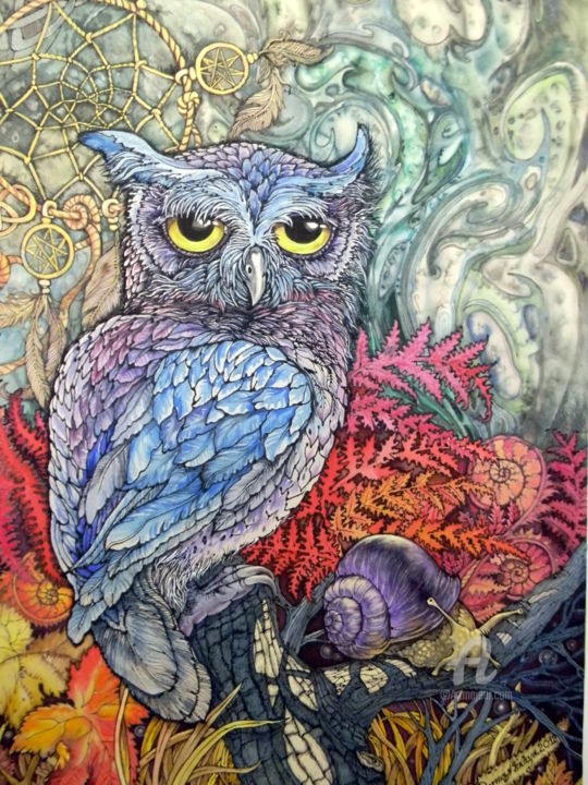 Pintura titulada "Сова,мистика.Owl, m…" por Natalia Dermanskaia, Obra de arte original, Acrílico Montado en Bastidor de cami…