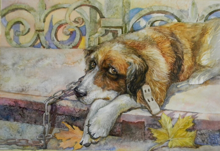 Painting titled "Собака.Dog." by Natalia Dermanskaia, Original Artwork, Watercolor Mounted on Cardboard