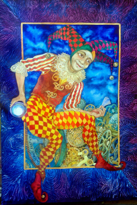 Painting titled "Джокер .Joker" by Natalia Dermanskaia, Original Artwork, Watercolor Mounted on Wood Stretcher frame