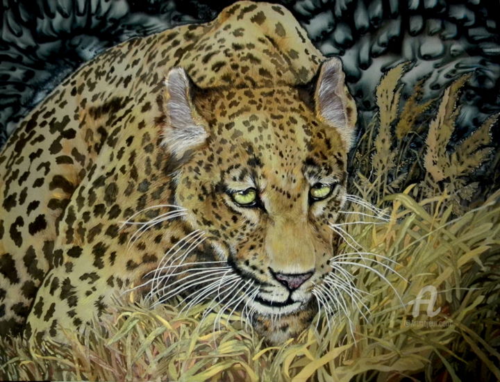 Painting titled "Jaguar" by Natalia Dermanskaia, Original Artwork, Fabric Mounted on Wood Stretcher frame