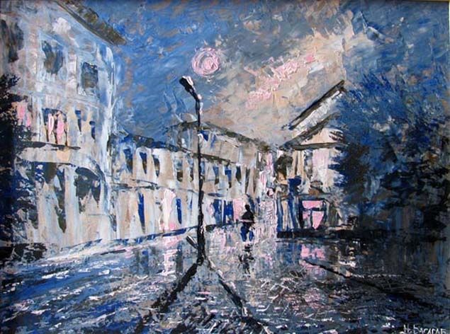 Peinture intitulée "La soirée il pleut" par Nataly Basarab, Œuvre d'art originale, Huile