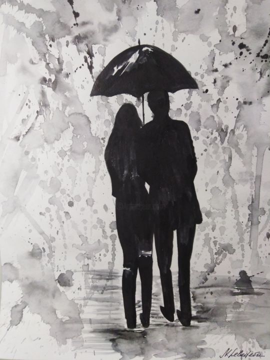 Painting titled ""Rain in the City"" by Natalia Ganichkina, Original Artwork, Watercolor