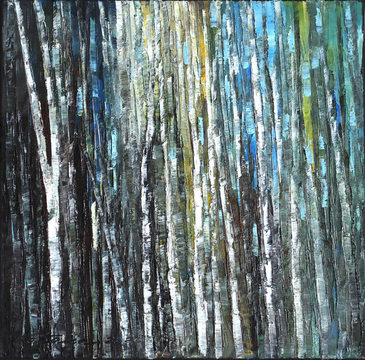 Painting titled "Trees" by Natalia Cherepovich, Original Artwork, Oil Mounted on Wood Stretcher frame