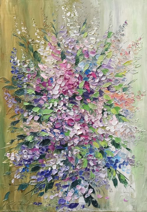 Painting titled "Lilac bouquet" by Natalia Cherepovich, Original Artwork, Oil