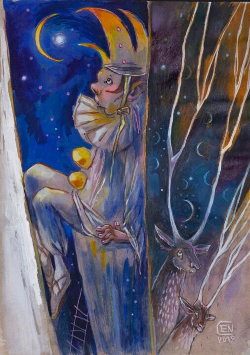 Desenho intitulada "Moon Clown" por Natasha Ermolaeva, Obras de arte originais, Aquarela