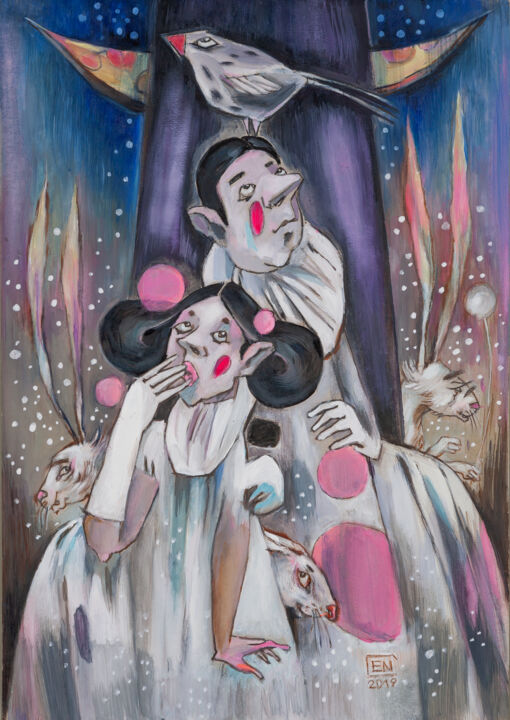 Drawing titled "White Clowns" by Natasha Ermolaeva, Original Artwork, Watercolor