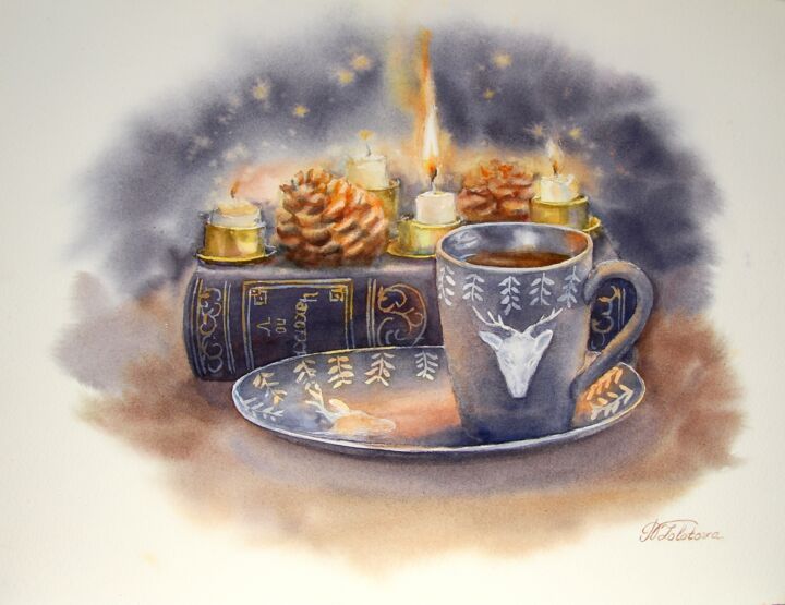 Painting titled "Merry Christmas!" by Natalia Zalotova, Original Artwork, Watercolor
