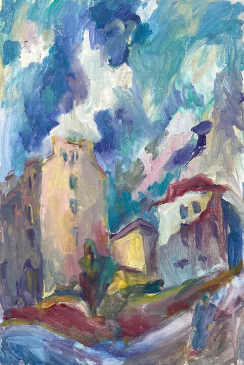 Painting titled "Blue town" by Natasha Kiryushkina, Original Artwork, Gouache