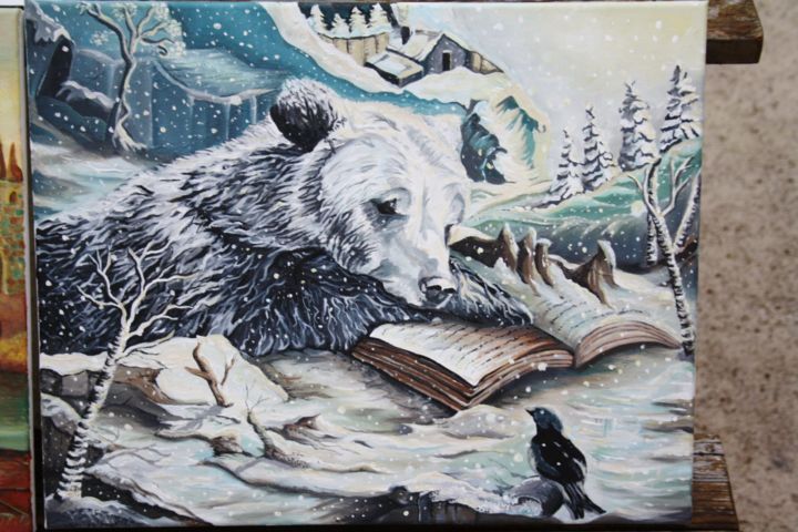 Painting titled "L'Ours et l'Oiseaux…" by Natasha Pelley-Smith, Original Artwork, Other