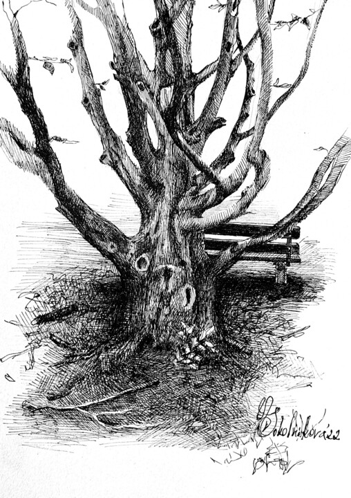 제목이 "Birds' tree"인 그림 Natasha Sokolnikova로, 원작, 잉크