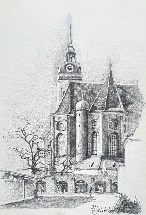 Drawing titled "Munich - cityscape,…" by Natasha Sokolnikova, Original Artwork, Pencil Mounted on Cardboard