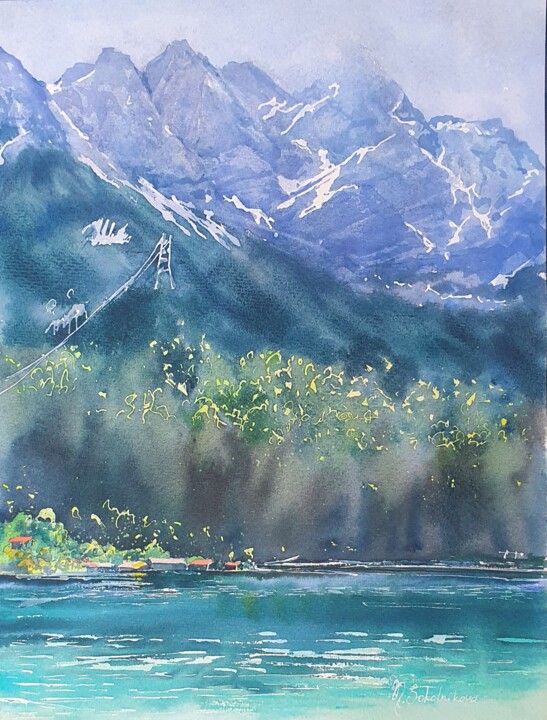 Painting titled "Lake Eibsee" by Natasha Sokolnikova, Original Artwork, Watercolor Mounted on Wood Stretcher frame