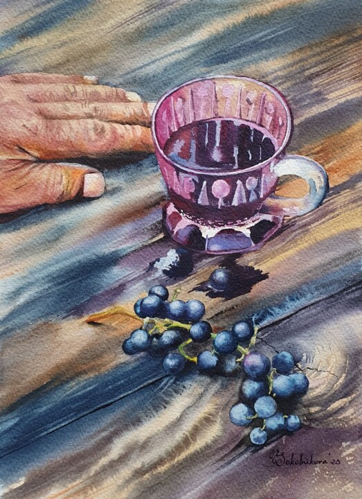 Painting titled "Spirit of wine" by Natasha Sokolnikova, Original Artwork, Watercolor Mounted on Wood Stretcher frame