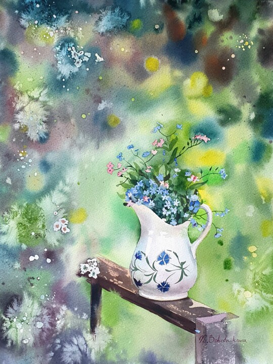 Painting titled "Summer garden" by Natasha Sokolnikova, Original Artwork, Watercolor Mounted on Wood Stretcher frame