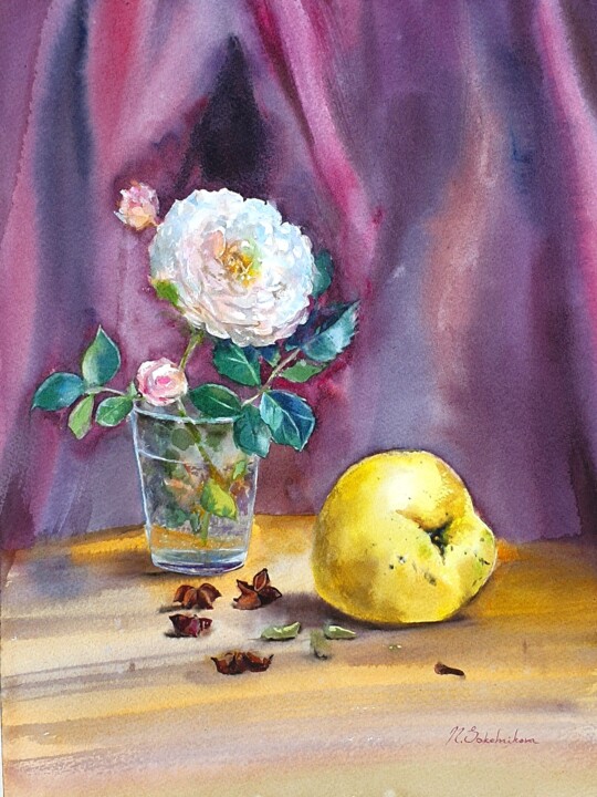 Painting titled "Autumn rose" by Natasha Sokolnikova, Original Artwork, Watercolor Mounted on Cardboard
