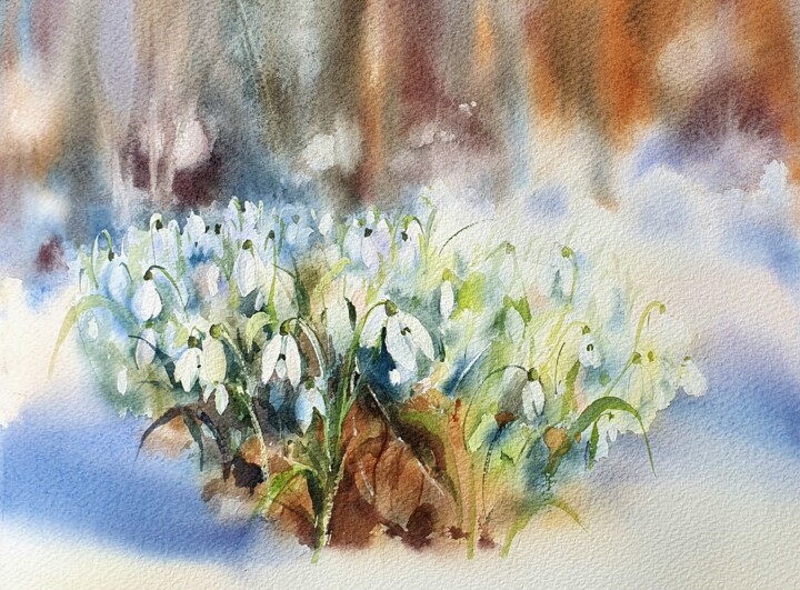 Painting titled "Radient snowdrops g…" by Natasha Sokolnikova, Original Artwork, Watercolor Mounted on Cardboard