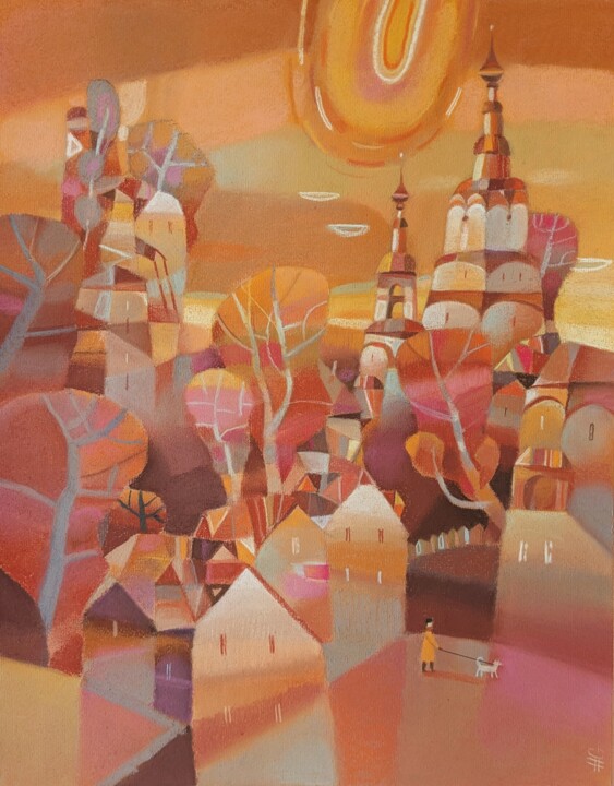 Malerei mit dem Titel "Autumn cityscape/wa…" von Natasha Svetelshchuk, Original-Kunstwerk, Pastell