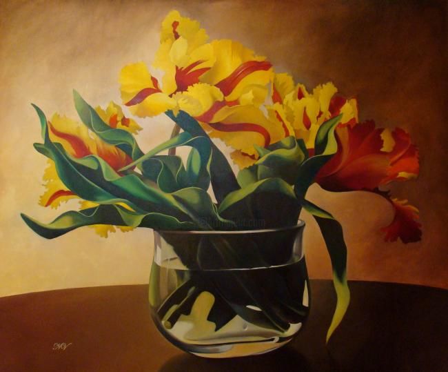 Painting titled "Tulips" by Natalia Vetrova, Original Artwork, Oil