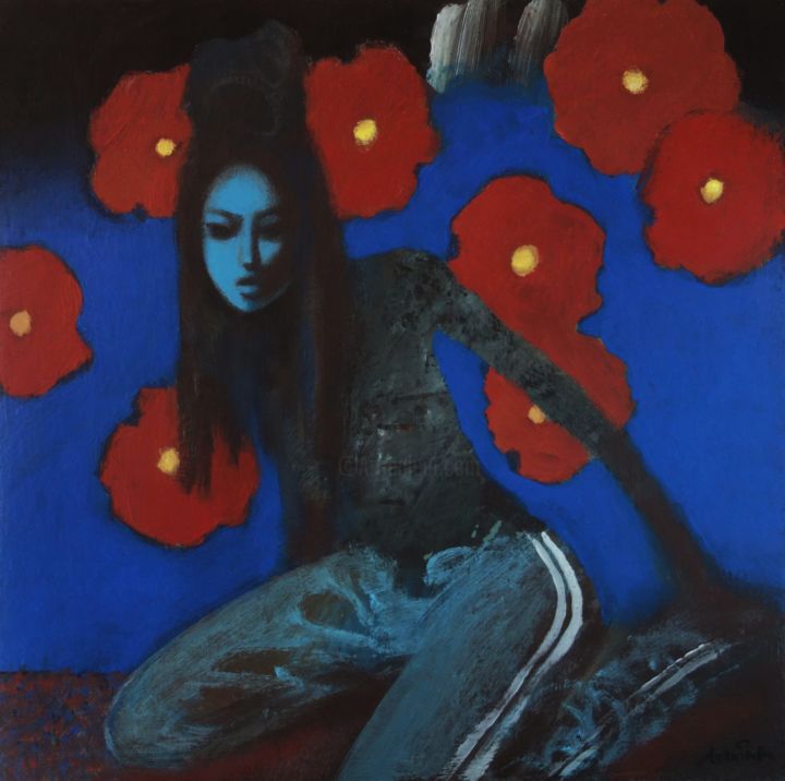 Painting titled "Night poppies" by Natasha Lyapkina, Original Artwork, Acrylic