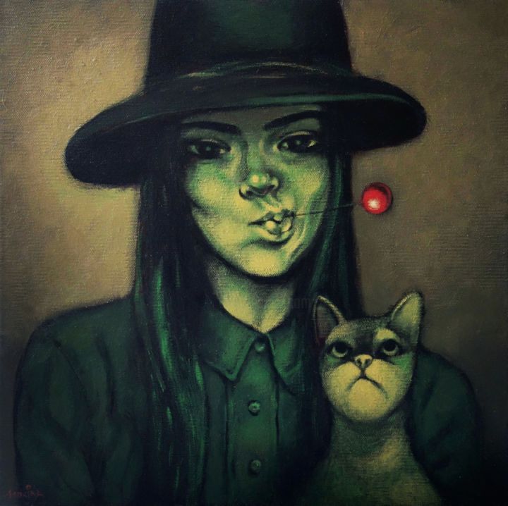 Painting titled "Cat chupa hat" by Natasha Lyapkina, Original Artwork, Acrylic