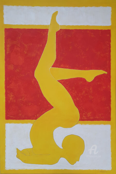 Painting titled "Sun Yoga" by Nata Shemshur, Original Artwork, Acrylic Mounted on Wood Stretcher frame