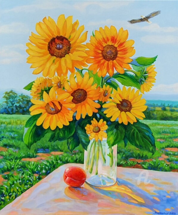 Painting titled "Sunflowers play in…" by Nata Shemshur, Original Artwork, Oil Mounted on Wood Stretcher frame