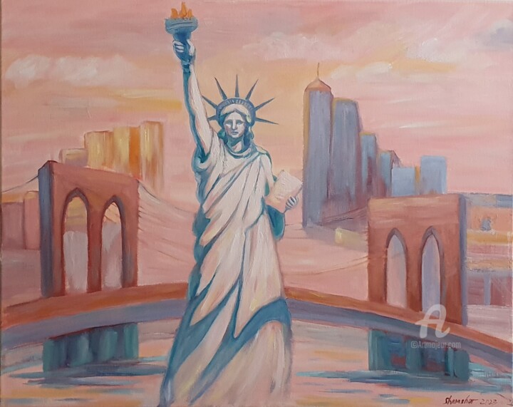 Schilderij getiteld "Lady Liberty" door Nata Shemshur, Origineel Kunstwerk, Olie