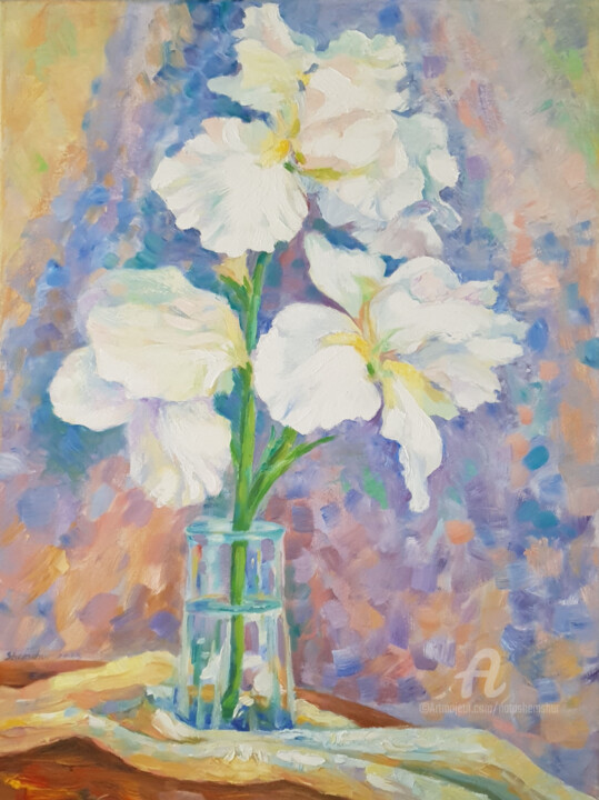 Painting titled "White Irises" by Nata Shemshur, Original Artwork, Oil