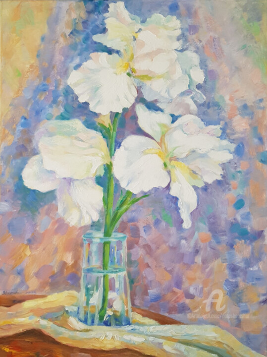 Malerei mit dem Titel "White Irises" von Nata Shemshur, Original-Kunstwerk, Öl