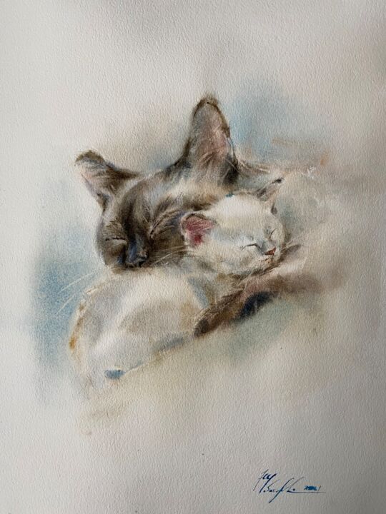 Painting titled "Mother and baby" by Natalia Chebotareva, Original Artwork, Watercolor